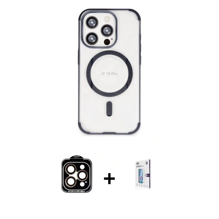 MARSİLYAN™- iPhone 15 Pro Max Kılıf Eksen Klasik Koleksiyonu - Siyah Bilvis 0.18mm Plus Cam Ekran Koruyucu + PVD Metal Kamera Lens - TU