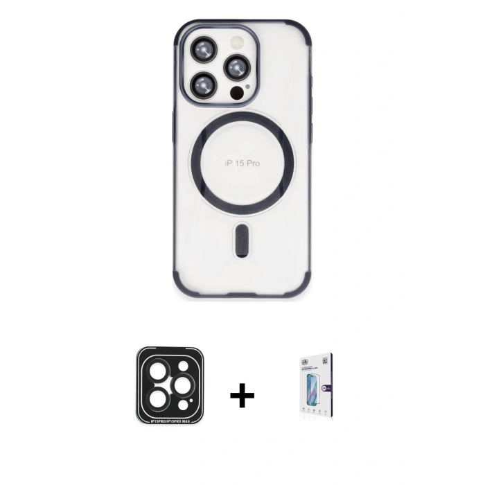 MARSİLYAN™- iPhone 15 Pro Max Kılıf Eksen Klasik Koleksiyonu - Siyah Bilvis 0.18mm Plus Cam Ekran Koruyucu + Siyah PVD Metal Kamera Lens