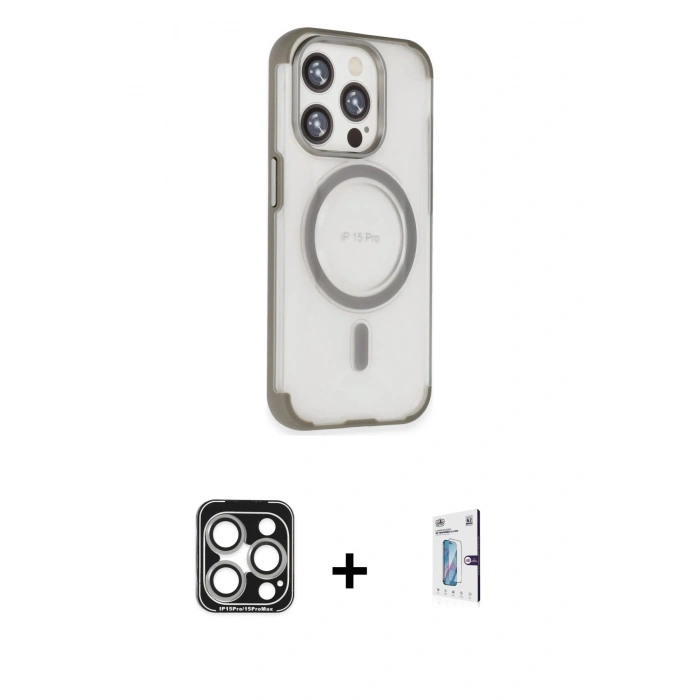 MARSİLYAN™- iPhone 15 Pro Max Kılıf Eksen Klasik Koleksiyonu - Siyah Bilvis 0.18mm Plus Cam Ekran Koruyucu + Gümüş PVD Metal Kamera Lens
