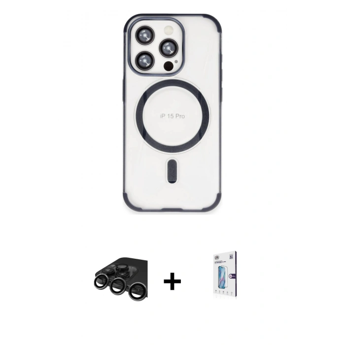 MARSİLYAN™- iPhone 15 Pro Max Kılıf Eksen Klasik Koleksiyonu - Siyah Bilvis 0.18mm Plus Cam Ekran Koruyucu + Raze Metal Kamera Lens - TMGI