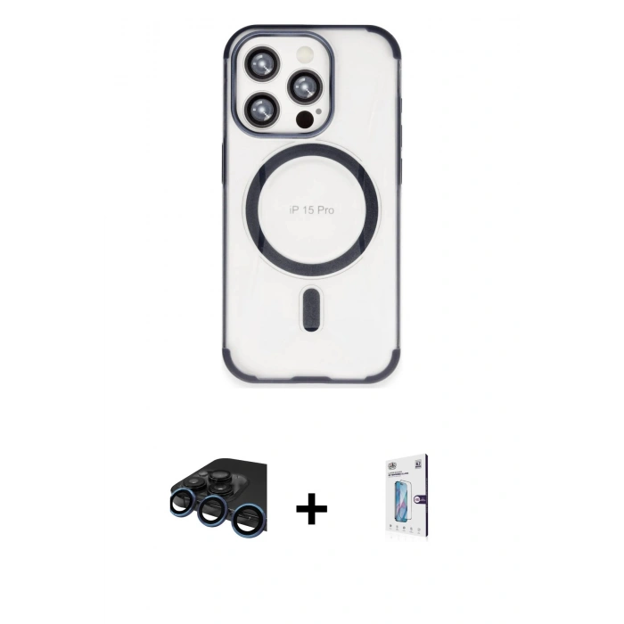 MARSİLYAN™- iPhone 15 Pro Max Kılıf Eksen Klasik Koleksiyonu - Siyah Bilvis 0.18mm Plus Cam Ekran Koruyucu + Lacivert Raze Metal Kamera Lens