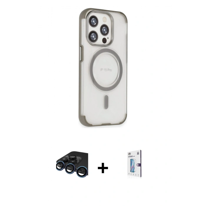 MARSİLYAN™- iPhone 15 Pro Max Kılıf Eksen Klasik Koleksiyonu - Siyah Bilvis 0.18mm Plus Cam Ekran Koruyucu + Lacivert Raze Metal Kamera Lens