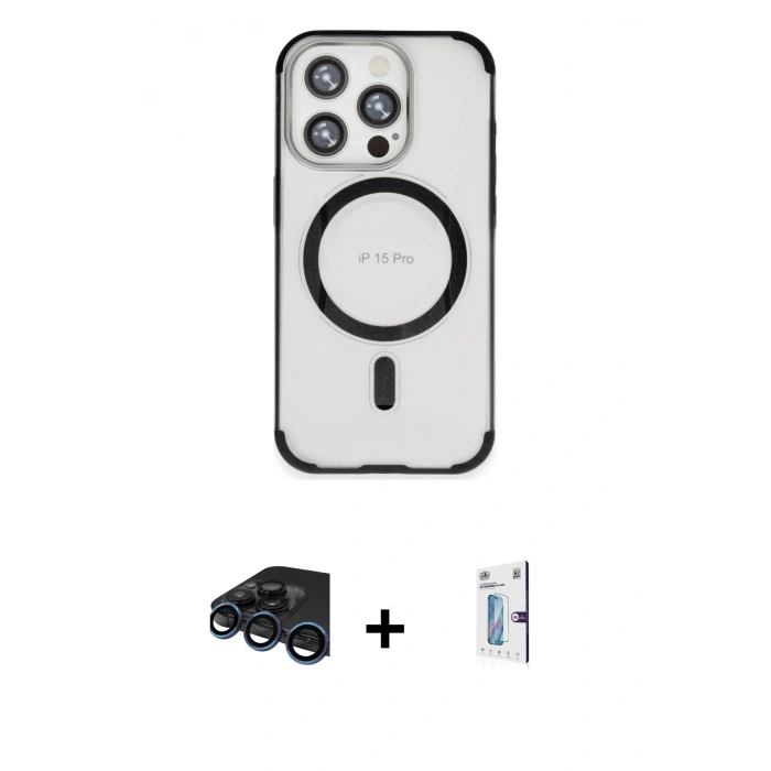 MARSİLYAN™- iPhone 15 Pro Max Kılıf Eksen Klasik Koleksiyonu - Siyah Bilvis 0.18mm Plus Cam Ekran Koruyucu + Lacivert Raze Metal Kamera Lens