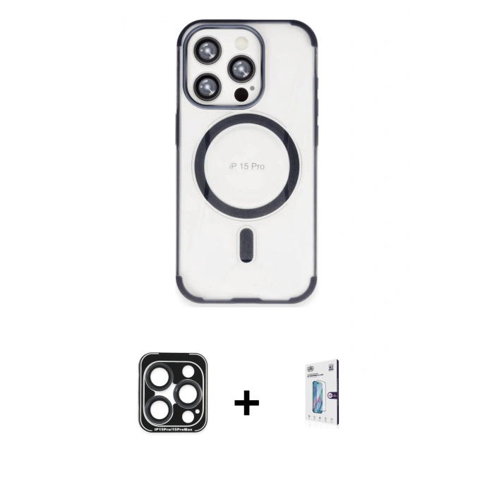 MARSİLYAN™- iPhone 15 Pro Max Kılıf Eksen Klasik Koleksiyonu - Siyah Bilvis 0.18mm Plus Cam Ekran Koruyucu + Lacivert PVD Metal Kamera Lens