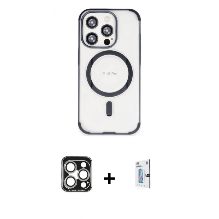 MARSİLYAN™- iPhone 15 Pro Max Kılıf Eksen Klasik Koleksiyonu - Siyah Bilvis 0.18mm Plus Cam Ekran Koruyucu + Gümüş PVD Metal Kamera Lens
