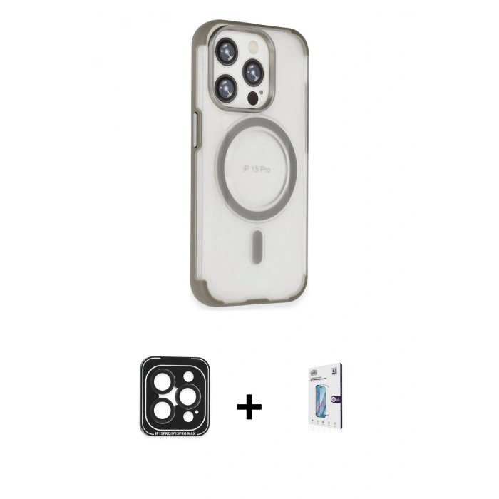 MARSİLYAN™- iPhone 15 Pro Max Kılıf Eksen Klasik Koleksiyonu - Siyah Bilvis 0.18mm Plus Cam Ekran Koruyucu + Siyah PVD Metal Kamera Lens