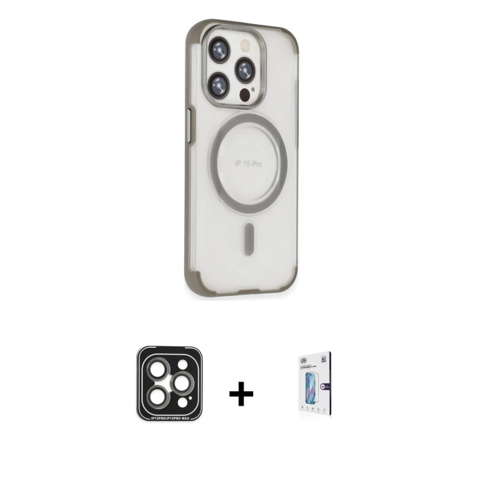 MARSİLYAN™- iPhone 15 Pro Max Kılıf Eksen Klasik Koleksiyonu - Siyah Bilvis 0.18mm Plus Cam Ekran Koruyucu + PVD Metal Kamera Lens - GI