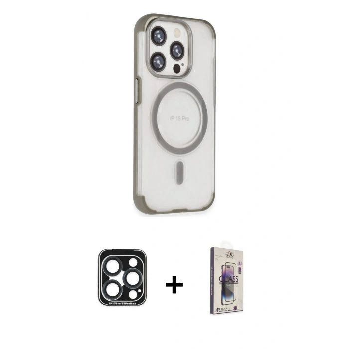 MARSİLYAN™- iPhone 15 Pro Max Kılıf Eksen Klasik Koleksiyonu - Siyah Bilvis 3D Cam Ekran Koruyucu + PVD Metal Kamera Lens - LT