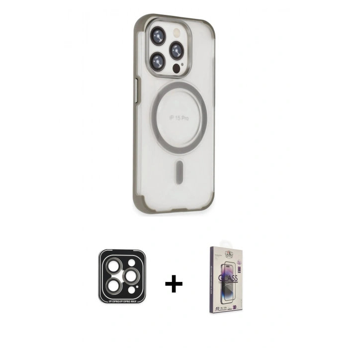 MARSİLYAN™- iPhone 15 Pro Max Kılıf Eksen Klasik Koleksiyonu - Siyah Bilvis 3D Cam Ekran Koruyucu + PVD Metal Kamera Lens - GI