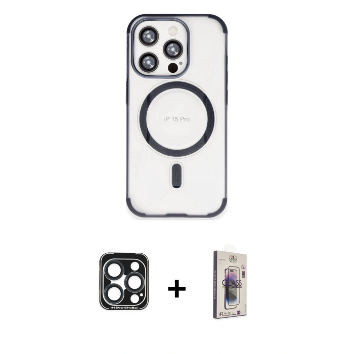 MARSİLYAN™- iPhone 15 Pro Max Kılıf Eksen Klasik Koleksiyonu - Siyah Bilvis 3D Cam Ekran Koruyucu + PVD Metal Kamera Lens - LT