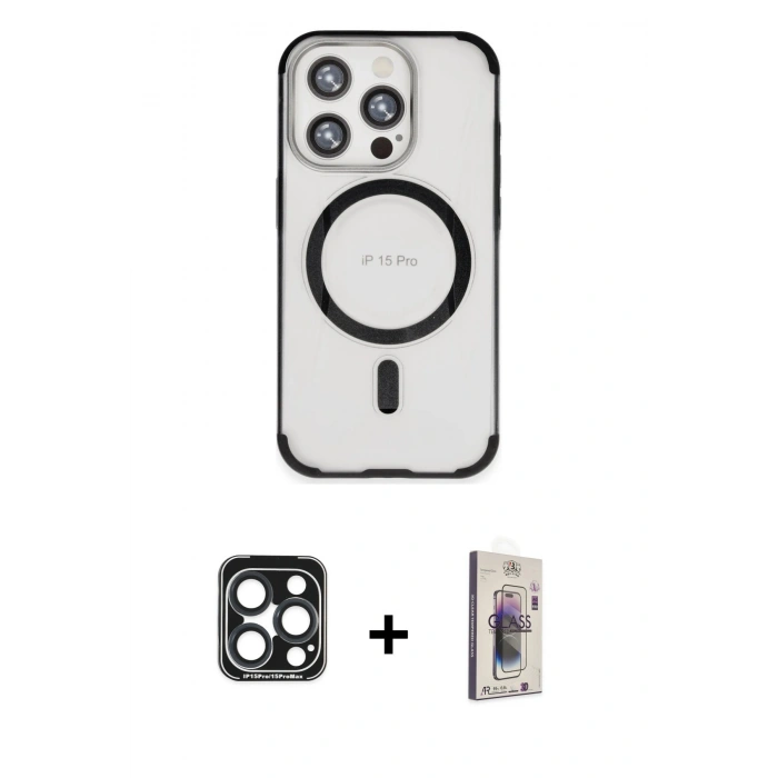 MARSİLYAN™- iPhone 15 Pro Max Kılıf Eksen Klasik Koleksiyonu - Siyah Bilvis 3D Cam Ekran Koruyucu + PVD Metal Kamera Lens - LT