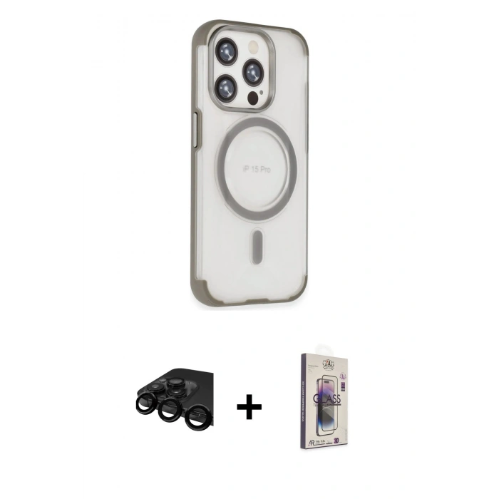 MARSİLYAN™- iPhone 15 Pro Max Kılıf Eksen Klasik Koleksiyonu - Siyah Bilvis 3D Cam Ekran Koruyucu + Raze Metal Kamera Lens - SH
