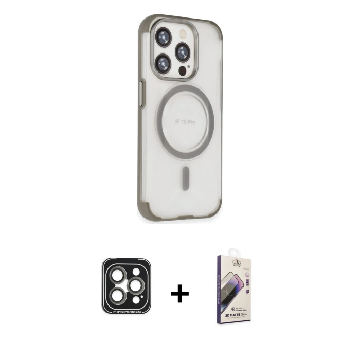 MARSİLYAN™- iPhone 15 Pro Max Kılıf Eksen Klasik Koleksiyonu - Siyah Bilvis 3D Mat Cam Ekran Koruyucu + PVD Metal Kamera Lens - GI
