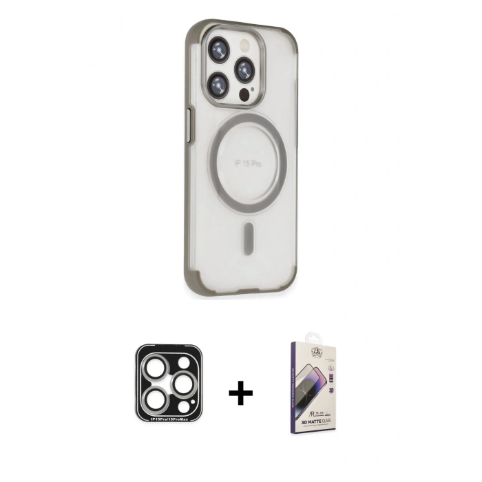 MARSİLYAN™- iPhone 15 Pro Max Kılıf Eksen Klasik Koleksiyonu - Siyah Bilvis 3D Mat Cam Ekran Koruyucu + PVD Metal Kamera Lens - GS