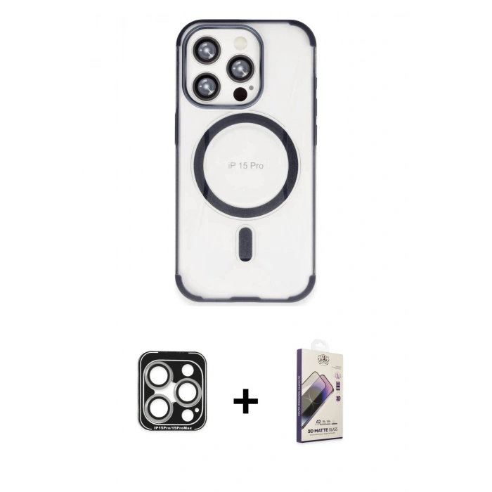 MARSİLYAN™- iPhone 15 Pro Max Kılıf Eksen Klasik Koleksiyonu - Siyah Bilvis 3D Mat Cam Ekran Koruyucu + PVD Metal Kamera Lens - GS