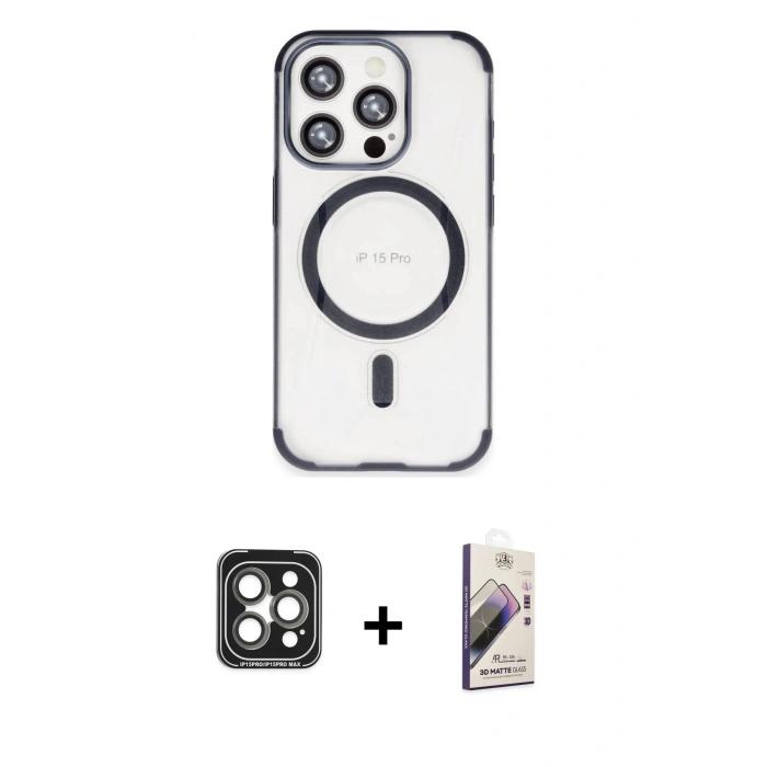 MARSİLYAN™- iPhone 15 Pro Max Kılıf Eksen Klasik Koleksiyonu - Siyah Bilvis 3D Mat Cam Ekran Koruyucu + PVD Metal Kamera Lens - GI