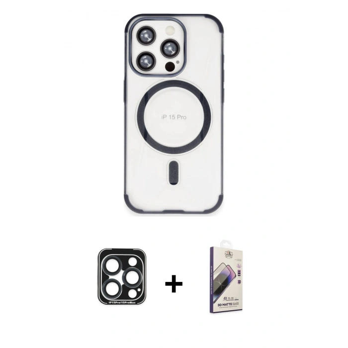 MARSİLYAN™- iPhone 15 Pro Max Kılıf Eksen Klasik Koleksiyonu - Siyah Bilvis 3D Mat Cam Ekran Koruyucu + PVD Metal Kamera Lens - LT