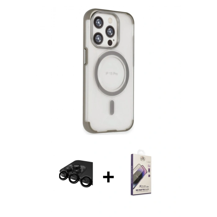 MARSİLYAN™- iPhone 15 Pro Max Kılıf Eksen Klasik Koleksiyonu - Siyah Bilvis 3D Mat Cam Ekran Koruyucu + Raze Metal Kamera Lens - SH