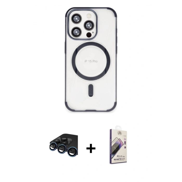 MARSİLYAN™- iPhone 15 Pro Max Kılıf Eksen Klasik Koleksiyonu - Siyah Bilvis 3D Mat Cam Ekran Koruyucu + Raze Metal Kamera Lens - LT