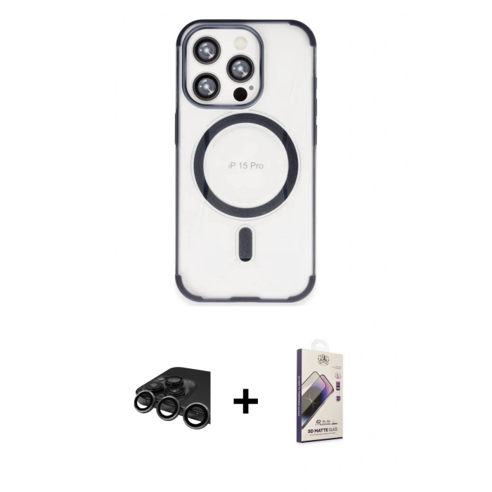 MARSİLYAN™- iPhone 15 Pro Max Kılıf Eksen Klasik Koleksiyonu - Siyah Bilvis 3D Mat Cam Ekran Koruyucu + Raze Metal Kamera Lens - TMGI