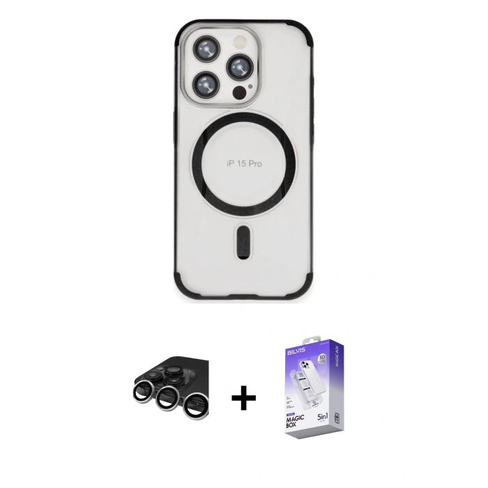 MARSİLYAN™- iPhone 15 Pro Max Kılıf Eksen Klasik Koleksiyonu - Siyah Bilvis 5in1 3D Magic Cam Ekran Koruyucu + Raze Metal Kamera Lens - GS