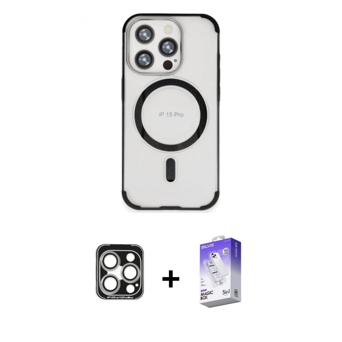 MARSİLYAN™- iPhone 15 Pro Max Kılıf Eksen Klasik Koleksiyonu - Siyah Bilvis 5in1 3D Magic Cam Ekran Koruyucu + PVD Metal Kamera Lens - GS