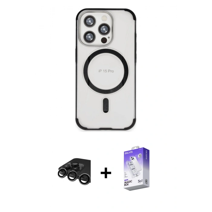 MARSİLYAN™- iPhone 15 Pro Max Kılıf Eksen Klasik Koleksiyonu - Siyah Bilvis 5in1 3D Magic Cam Ekran Koruyucu + Raze Metal Kamera Lens - TMGI