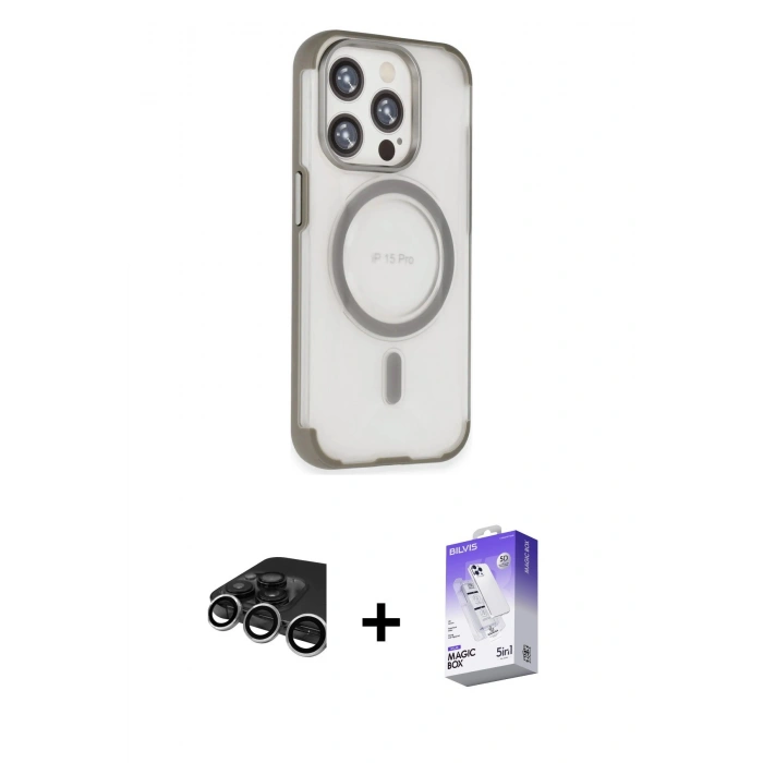 MARSİLYAN™- iPhone 15 Pro Max Kılıf Eksen Klasik Koleksiyonu - Siyah Bilvis 5in1 3D Magic Cam Ekran Koruyucu + Raze Metal Kamera Lens - GS