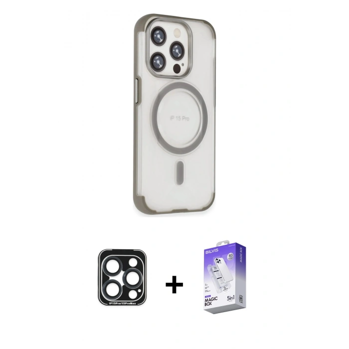 MARSİLYAN™- iPhone 15 Pro Max Kılıf Eksen Klasik Koleksiyonu - Siyah Bilvis 5in1 3D Magic Cam Ekran Koruyucu + PVD Metal Kamera Lens - LT