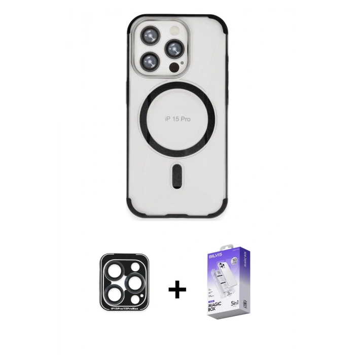 MARSİLYAN™- iPhone 15 Pro Max Kılıf Eksen Klasik Koleksiyonu - Siyah Bilvis 5in1 3D Magic Cam Ekran Koruyucu + PVD Metal Kamera Lens - LT