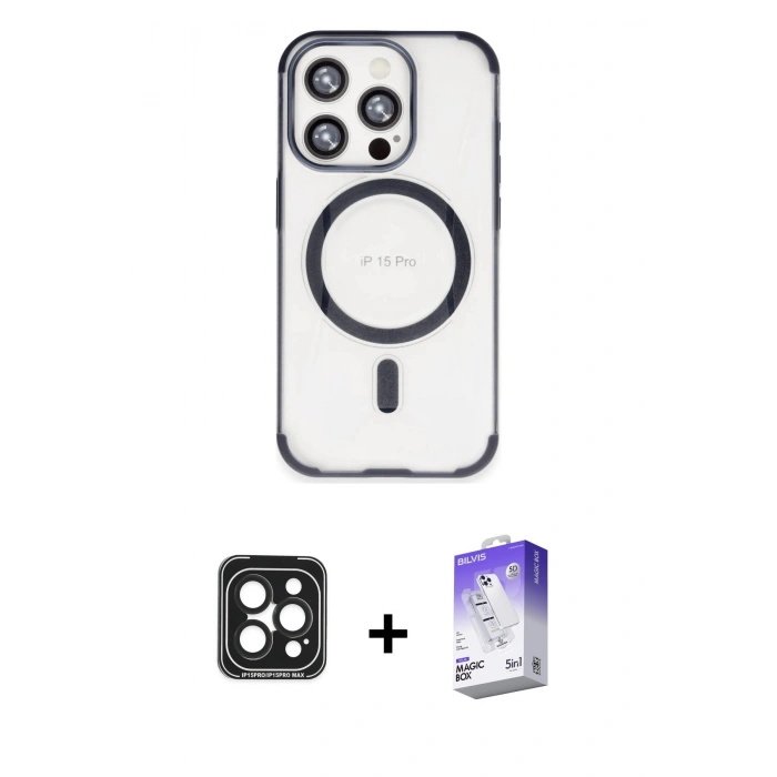 MARSİLYAN™- iPhone 15 Pro Max Kılıf Eksen Klasik Koleksiyonu - Siyah Bilvis 5in1 3D Magic Cam Ekran Koruyucu + PVD Metal Kamera Lens - SH