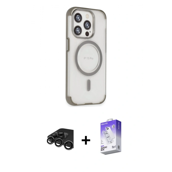 MARSİLYAN™- iPhone 15 Pro Max Kılıf Eksen Klasik Koleksiyonu - Siyah Bilvis 5in1 3D Magic Cam Ekran Koruyucu + Raze Metal Kamera Lens - TMGI