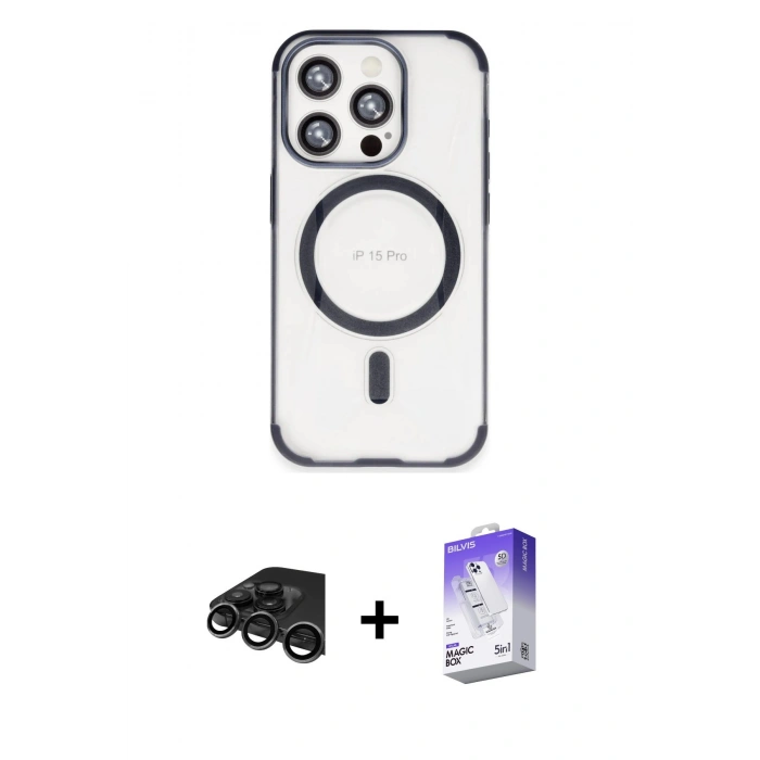 MARSİLYAN™- iPhone 15 Pro Max Kılıf Eksen Klasik Koleksiyonu - Siyah Bilvis 5in1 3D Magic Cam Ekran Koruyucu + Raze Metal Kamera Lens - TMGI