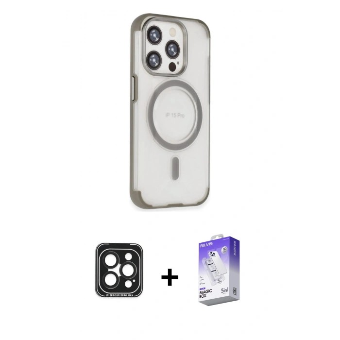 MARSİLYAN™- iPhone 15 Pro Max Kılıf Eksen Klasik Koleksiyonu - Siyah Bilvis 5in1 3D Magic Cam Ekran Koruyucu + PVD Metal Kamera Lens - SH