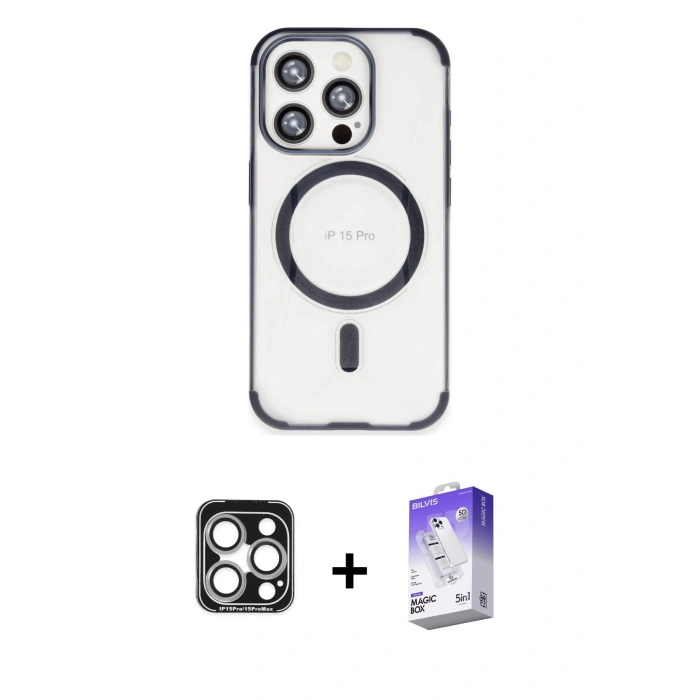 MARSİLYAN™- iPhone 15 Pro Max Kılıf Eksen Klasik Koleksiyonu - Siyah Bilvis 5in1 3D Magic Cam Ekran Koruyucu + PVD Metal Kamera Lens - GS