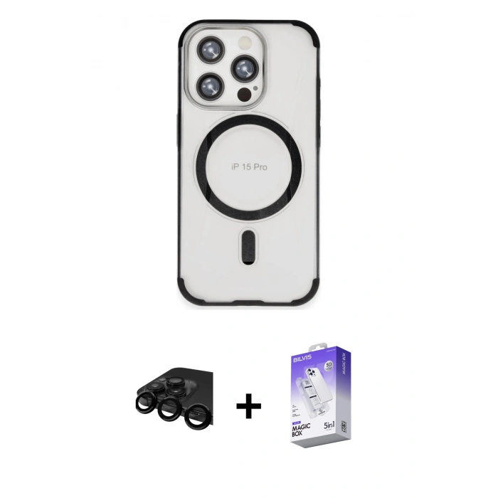 MARSİLYAN™- iPhone 15 Pro Max Kılıf Eksen Klasik Koleksiyonu - Siyah Bilvis 5in1 3D Magic Cam Ekran Koruyucu + Raze Metal Kamera Lens - SH