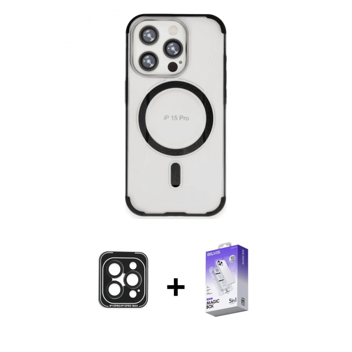 MARSİLYAN™- iPhone 15 Pro Max Kılıf Eksen Klasik Koleksiyonu - Siyah Bilvis 5in1 3D Magic Cam Ekran Koruyucu + PVD Metal Kamera Lens - SH