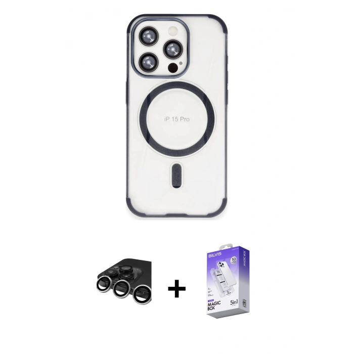MARSİLYAN™- iPhone 15 Pro Max Kılıf Eksen Klasik Koleksiyonu - Siyah Bilvis 5in1 3D Magic Cam Ekran Koruyucu + Raze Metal Kamera Lens - GS