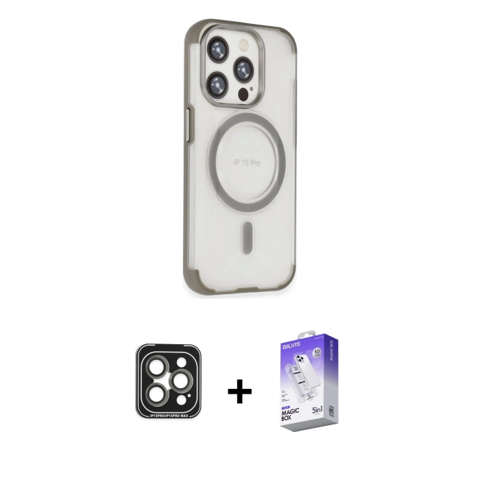 MARSİLYAN™- iPhone 15 Pro Max Kılıf Eksen Klasik Koleksiyonu - Siyah Bilvis 5in1 3D Magic Cam Ekran Koruyucu + PVD Metal Kamera Lens - GI