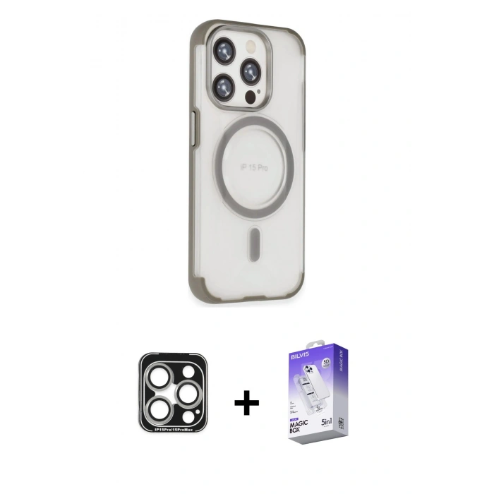 MARSİLYAN™- iPhone 15 Pro Max Kılıf Eksen Klasik Koleksiyonu - Siyah Bilvis 5in1 3D Magic Cam Ekran Koruyucu + PVD Metal Kamera Lens - GS