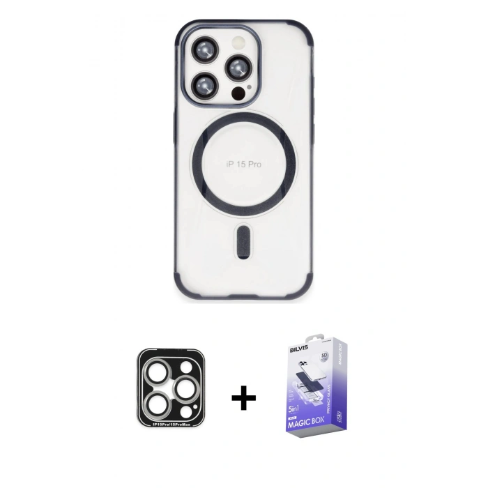 MARSİLYAN™- iPhone 15 Pro Max Kılıf Eksen Klasik Koleksiyonu - Siyah Bilvis 5in1 5D Magic Hayalet Cam Ekran Koruyucu + PVD Metal Kamera Lens - GS