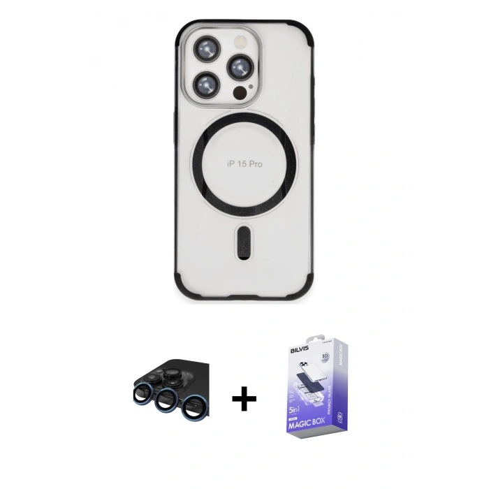 MARSİLYAN™- iPhone 15 Pro Max Kılıf Eksen Klasik Koleksiyonu - Siyah Bilvis 5in1 5D Magic Hayalet Cam Ekran Koruyucu + Raze Metal Kamera Lens - LT