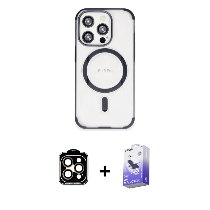 MARSİLYAN™- iPhone 15 Pro Max Kılıf Eksen Klasik Koleksiyonu - Siyah Bilvis 5in1 5D Magic Hayalet Cam Ekran Koruyucu + PVD Metal Kamera Lens - TU