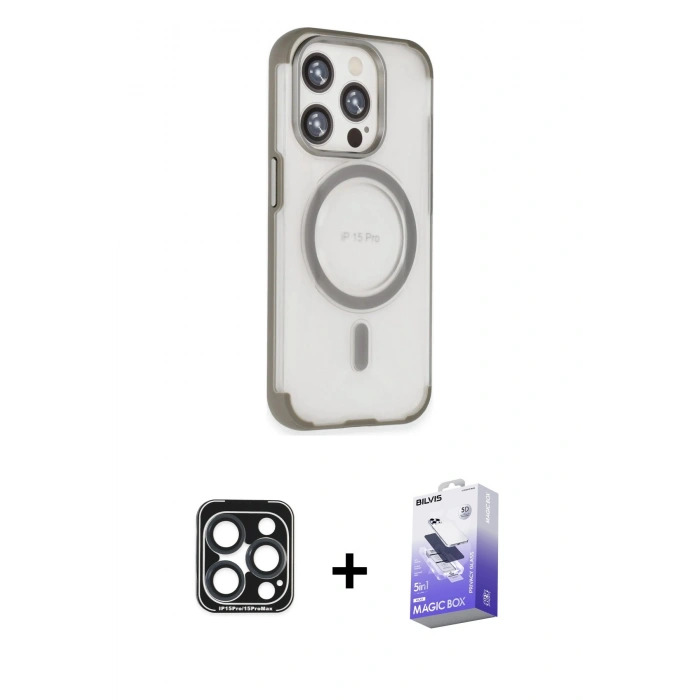MARSİLYAN™- iPhone 15 Pro Max Kılıf Eksen Klasik Koleksiyonu - Siyah Bilvis 5in1 5D Magic Hayalet Cam Ekran Koruyucu + PVD Metal Kamera Lens - LT