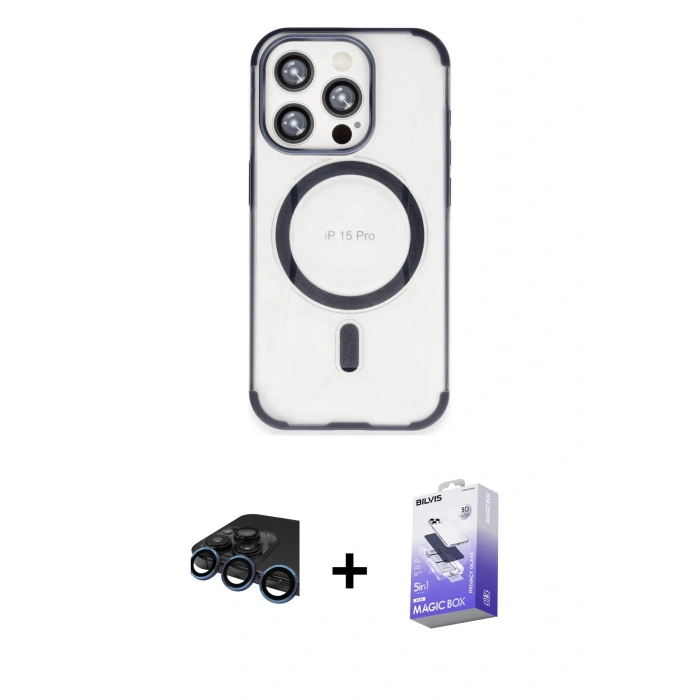 MARSİLYAN™- iPhone 15 Pro Max Kılıf Eksen Klasik Koleksiyonu - Siyah Bilvis 5in1 5D Magic Hayalet Cam Ekran Koruyucu + Raze Metal Kamera Lens - LT