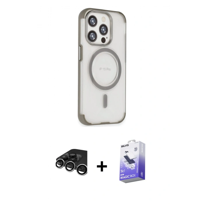 MARSİLYAN™- iPhone 15 Pro Max Kılıf Eksen Klasik Koleksiyonu - Siyah Bilvis 5in1 5D Magic Hayalet Cam Ekran Koruyucu + Raze Metal Kamera Lens - GS