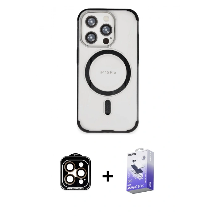 MARSİLYAN™- iPhone 15 Pro Max Kılıf Eksen Klasik Koleksiyonu - Siyah Bilvis 5in1 5D Magic Hayalet Cam Ekran Koruyucu + PVD Metal Kamera Lens - TU
