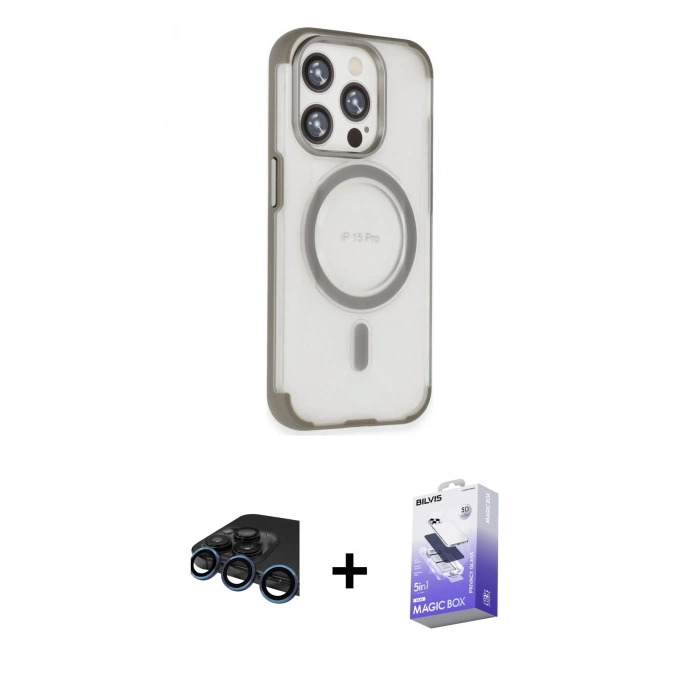 MARSİLYAN™- iPhone 15 Pro Max Kılıf Eksen Klasik Koleksiyonu - Siyah Bilvis 5in1 5D Magic Hayalet Cam Ekran Koruyucu + Raze Metal Kamera Lens - LT