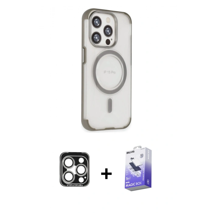 MARSİLYAN™- iPhone 15 Pro Max Kılıf Eksen Klasik Koleksiyonu - Siyah Bilvis 5in1 5D Magic Hayalet Cam Ekran Koruyucu + PVD Metal Kamera Lens - GS