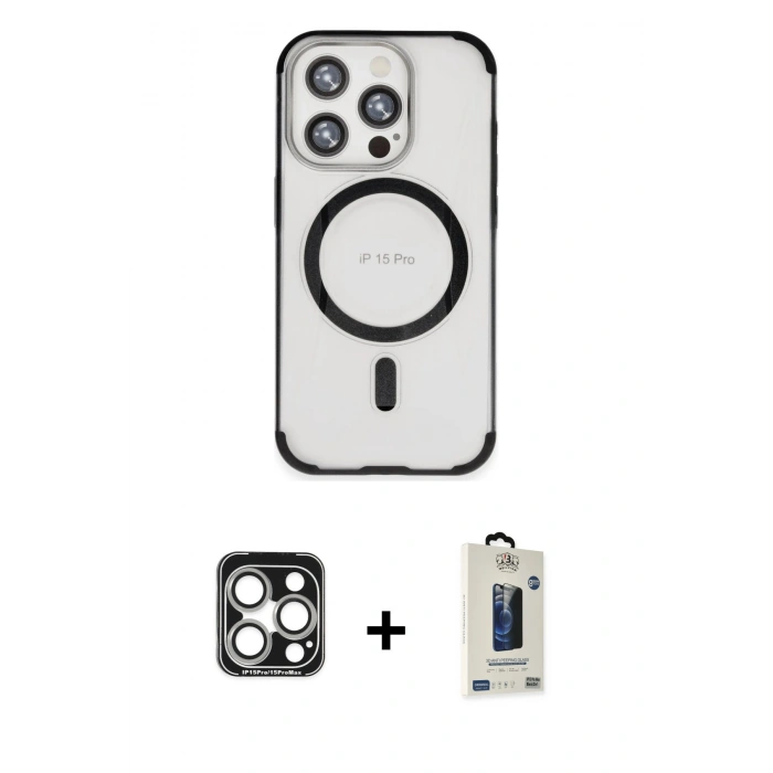 MARSİLYAN™- iPhone 15 Pro Max Kılıf Eksen Klasik Koleksiyonu - Siyah Bilvis Hayalet Cam Ekran Koruyucu + Gümüş PVD Metal Kamera Lens